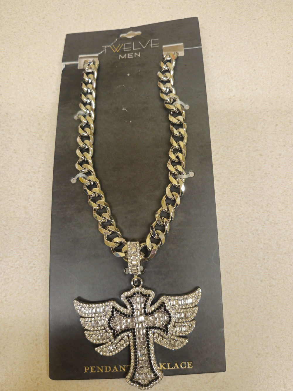 Gold-Tone Cross Wing Pendant Necklace with Rhinestones